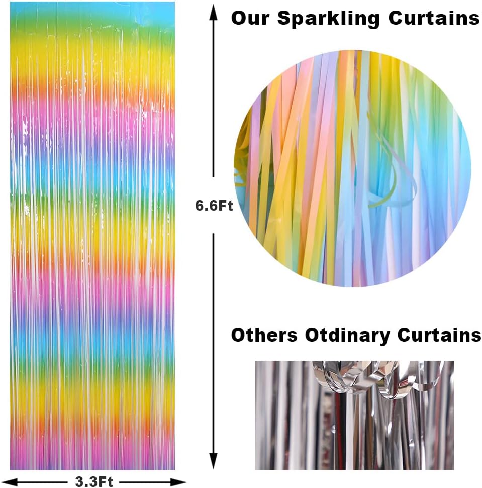 Skiennix Fringe Curtains - Tinsel Backdrop Decorations for Parties & Events | 3 Pack Macarone Rainbow