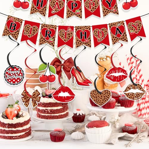 Cheetah & Cherry Birthday Decorations Set - Pre-Strung Banner & Swirls