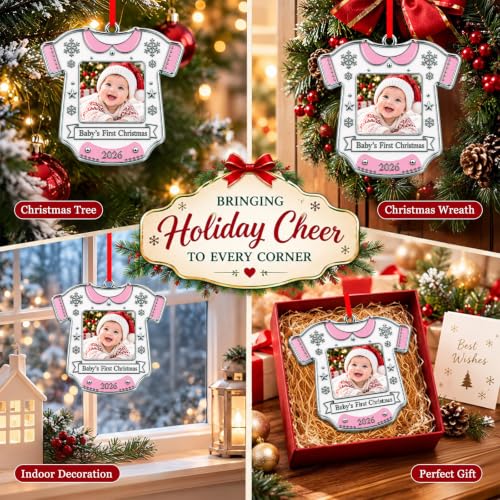 Baby's First Christmas 2026 Ornament with Photo Frame - Pink, Metal, Style 3