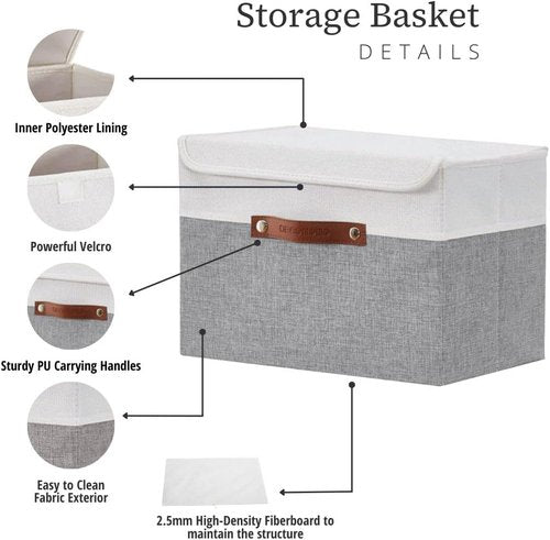 DECOMOMO Fabric Storage Bins - Stylish Grey & White Baskets with Lids | 3-Pack for Organized Shelves