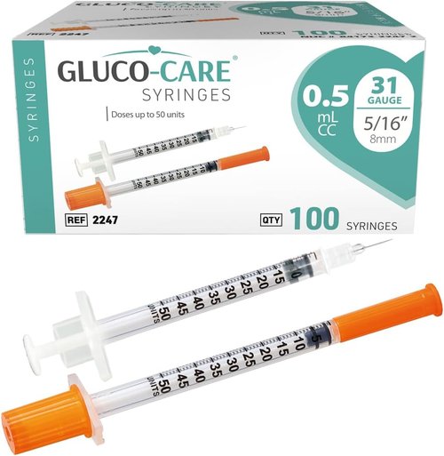 GLUCO-CARE 31G x 5/16’’ Syringes - 0.5 ml/cc for Precision Insulin Delivery, 100/Box