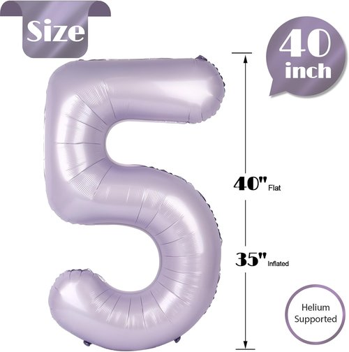 Lilac 5 Balloon - 40 Inch Number 5 Balloon for 5th Birthday Decorations | Lavender Party Supplies