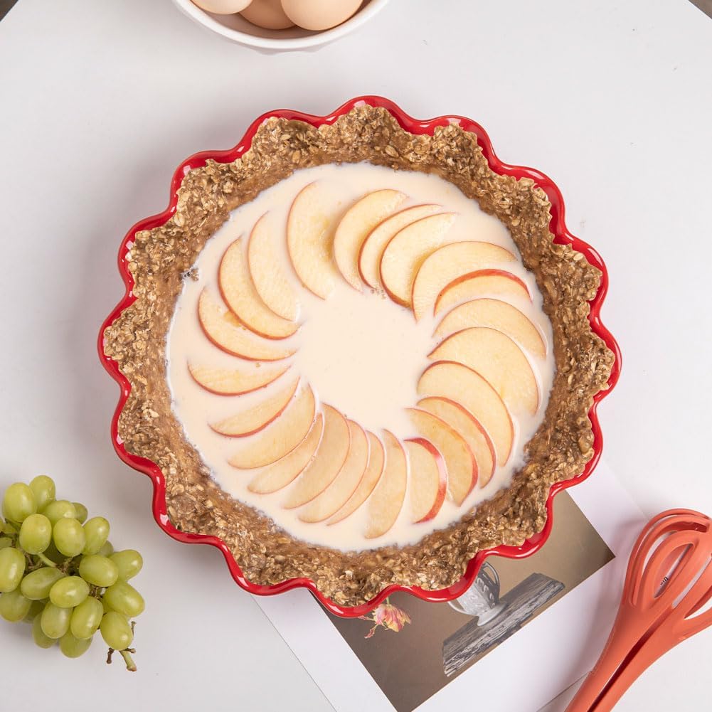 Sweejar Ceramic Pie Pan - 11.5 Inches Deep Fluted Porcelain Dish | Non-Stick Red Design for Baking