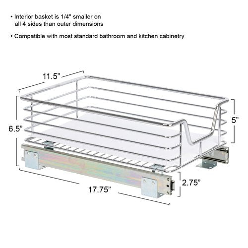 Household Essentials Glidez Multipurpose Chrome-Plated Steel Pull-Out/Slide-Out Storage Organizer with Plastic Liner for Under Cabinet Use - 1-Tier Design - Fits Standard Size Cabinet or Shelf, Chrome