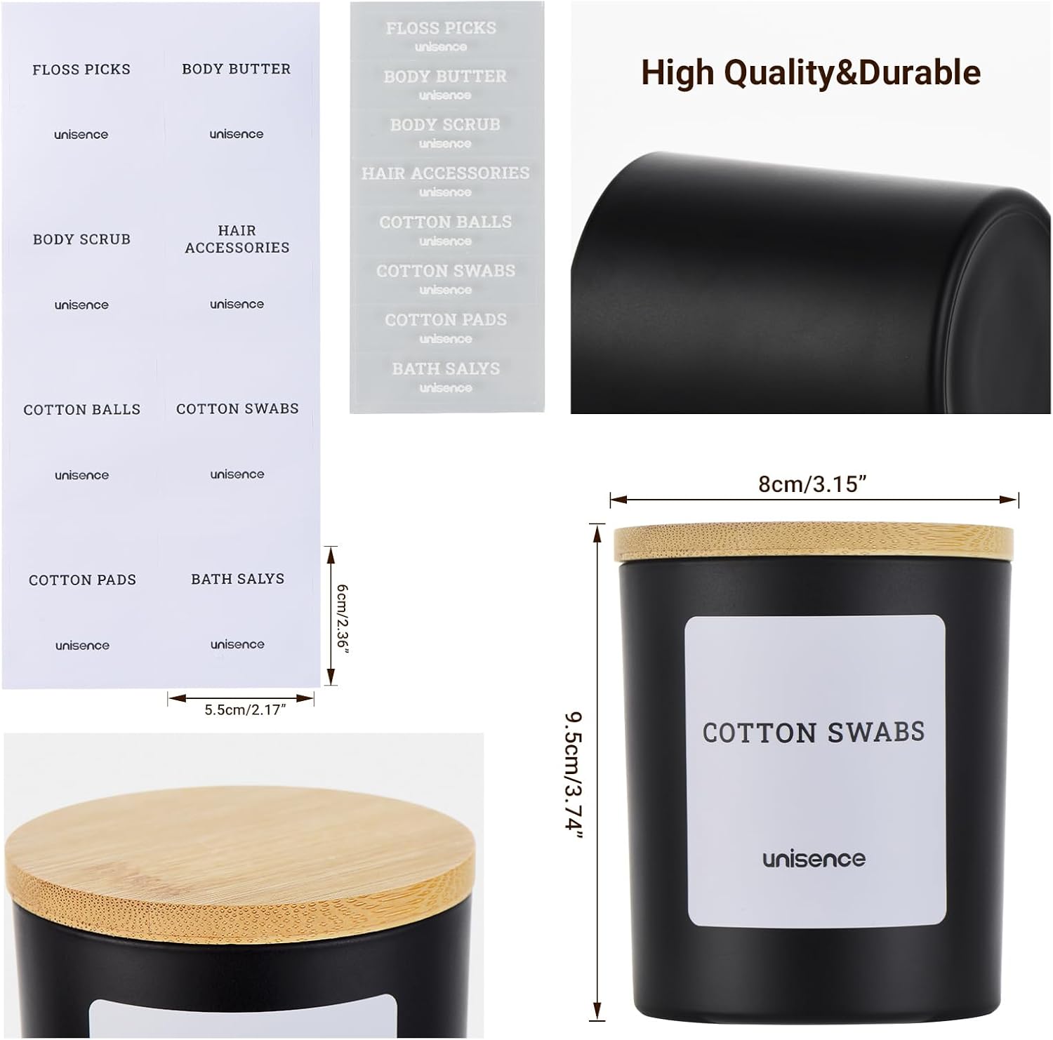 Skiennix Glass Qtip Holder Set - 2 Pack Bathroom Organizer with Lid for Cotton Swabs & Makeup | Black