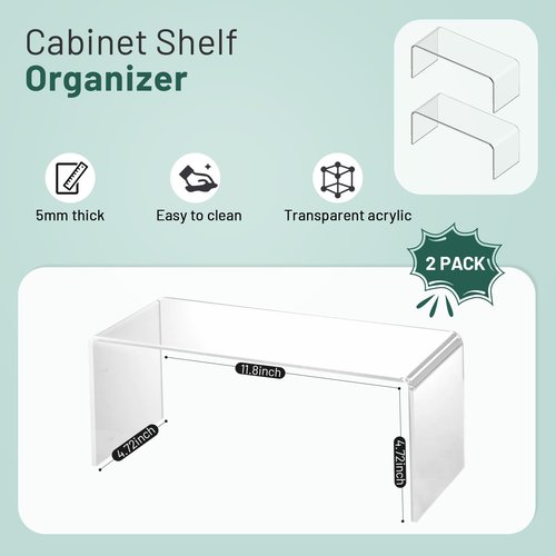 HTRYBNES Clear Cabinet Shelf Organizers, 2 Pack Shelf Risers Kitchen Cabinets, Spice Rack for Dishes, Soda Cans and Cup（11.8 x 4.72 x 4.72 Inch）