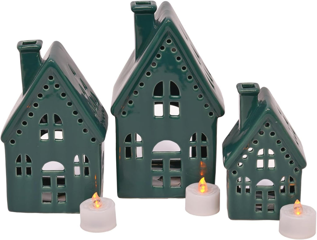 Regine Switzerland Holiday Tea Light Village House Figurines - Deep Green Glazed, Set of 3, 8 Inch