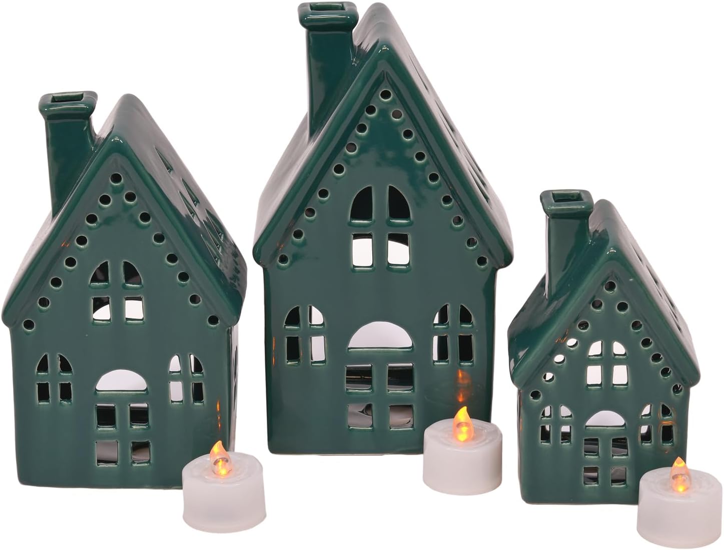 Regine Switzerland Holiday Tea Light Village House Figurines - Deep Green Glazed, Set of 3, 8 Inch