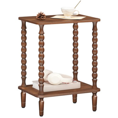 HOOBRO End Table, 2-Tier Small Side Table with Spindle Legs, Nightstand with Storage Shelves, Sofa Side Table, for Small Space, Living Room, Bedroom, Walnut WL189BZ01