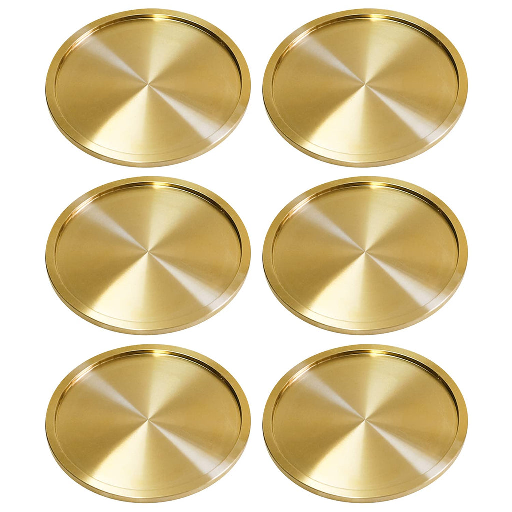Heavy Brass Coasters for Drinks (6-Pack) - Solid Bronze Gold Coasters - Classy MCM Style Premium Coaster Set - 5 Star Hotel Table & Bar - Board Room Elegant Copper Cup Holder - L
