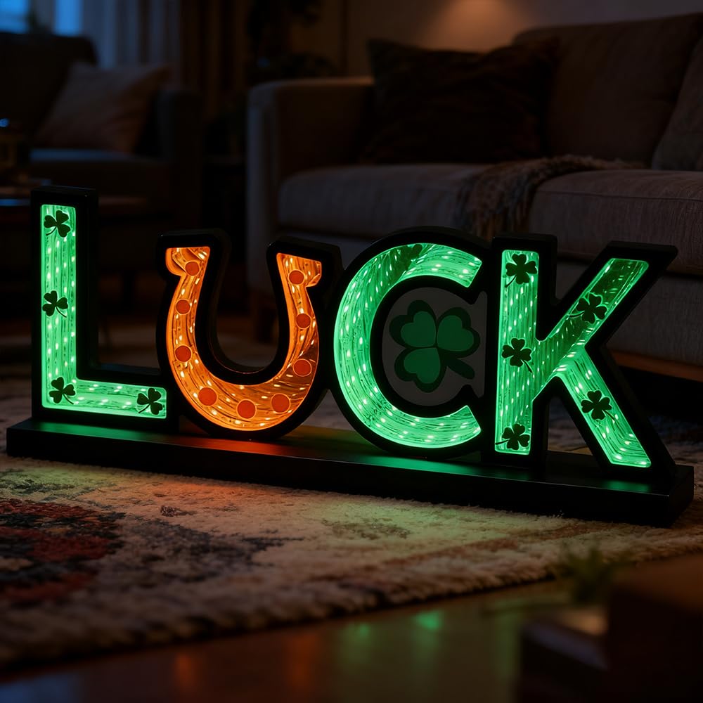 MEETYAMOR St Patricks Day Decorations, Luck Sign Infinity Mirror Tunnel Light with Shamrock for St Patricks Day Decor, Night Lights with Endless Extension for Home Living Room Table Centerpiece