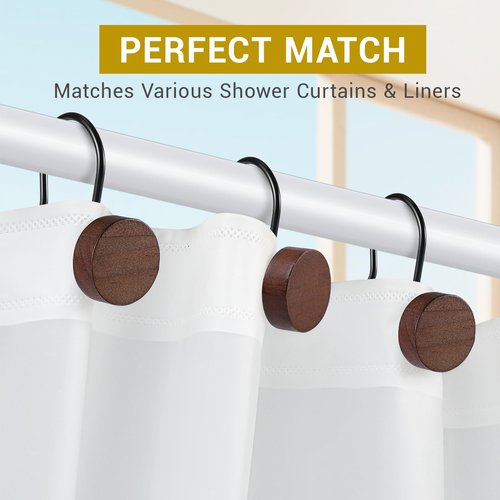 Akimomaty Walnut Wood Shower Curtain Hooks with Black Metal Rings, Set of 12 Decorative Hardware for Bathroom Rods