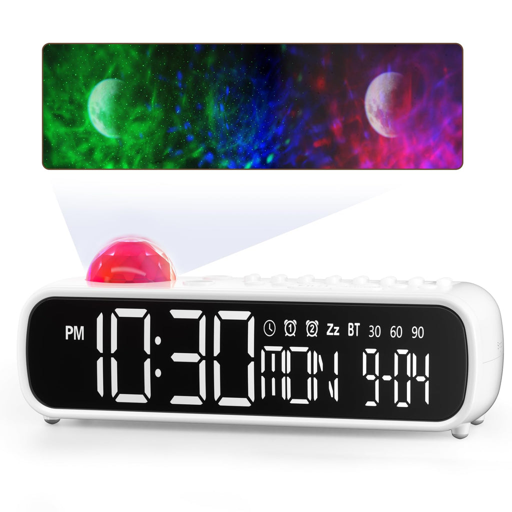 VOILEIPAGI White Noise Sound Machine with Clock for Baby Kids Adults, with 8 Soothing Sounds for Office & Sleeping, 30/60/90 Mins Timer, Bluetooth Speaker, Star Projector Galaxy Light for Home, Travel