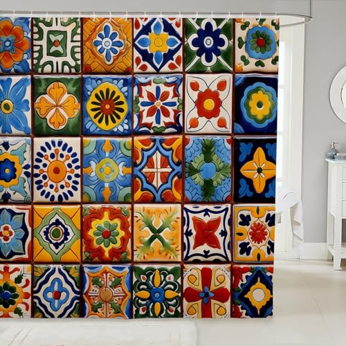 Erosebridal Mexican Talavera Tile Shower Curtain Set - Orange Blue, 72" x 84"