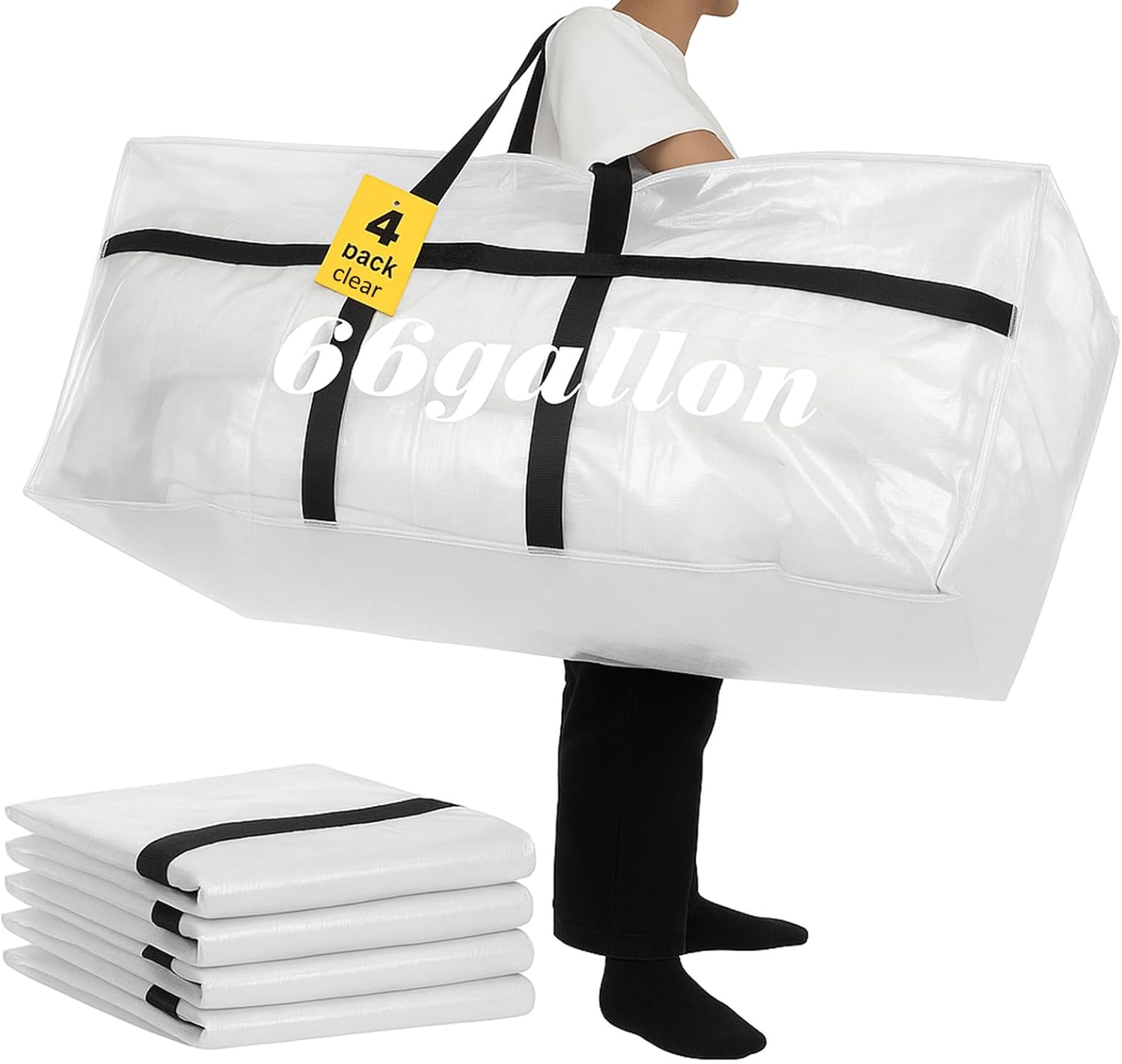 Skiennix 66 Gallon Extra Large Moving Bags - Heavy Duty Storage Tote with Strong Zipper Handle | Foldable Clear Design