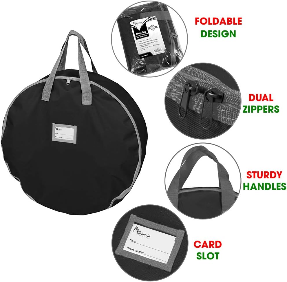 Primode Christmas Wreath Storage Bag - 24" Artificial Wreath Container with Dual Zipper & Sturdy Handles | Black, 2-Pack