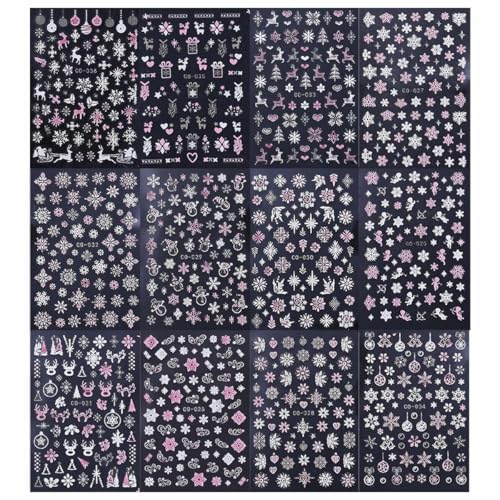 SWEET TREND 12pcs Christmas Nail Stickers - Matte Self-Adhesive Snowflake & Reindeer Holiday Manicure Decals