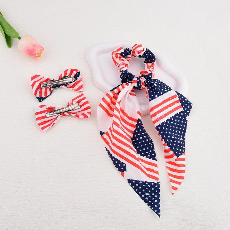 American Flag Hair Accessories Set 4th of July Bow Scrunchie Clips