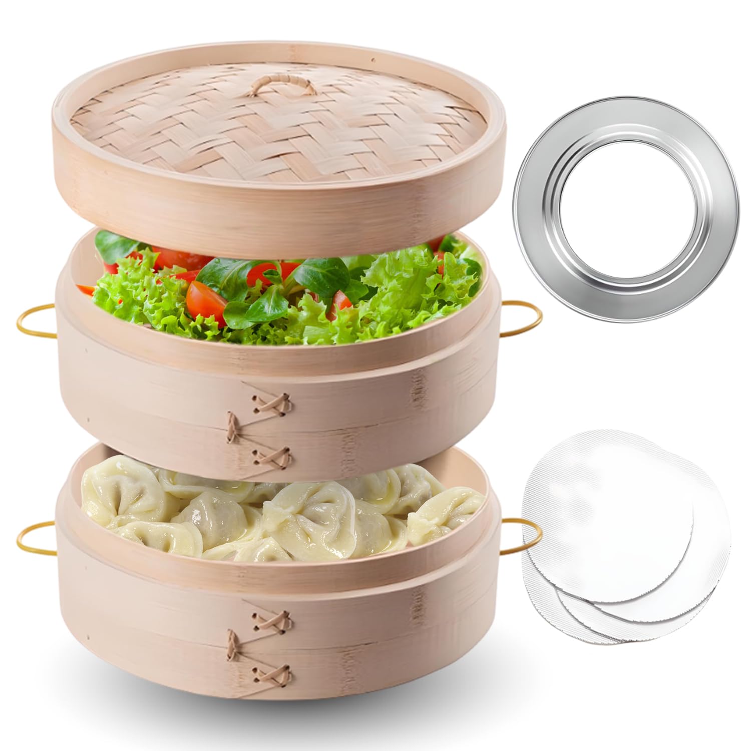 10-Inch Bamboo Steamer Basket, 2-Tier Natural Bamboo Steamer with Lid & Liners – Traditional Dim Sum, Dumplings, Bao Buns, Vegetables & Healthy Asian Cooking