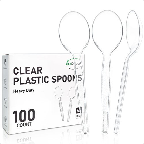 EcoDispose 100 Count Disposable Clear Plastic Spoons Heat Resistant and BPA Free, Heavy Duty Durable Disposable Cutlery for Party Event Supply