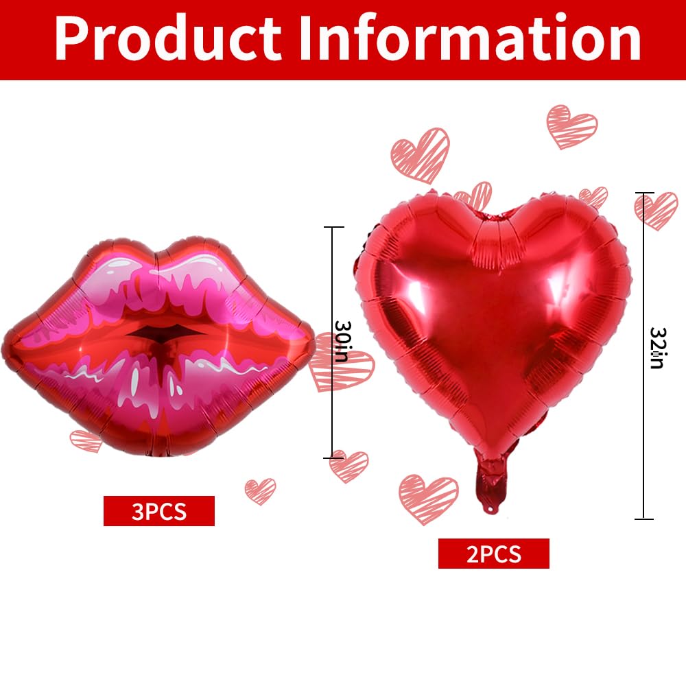 5 Packs of Large Pink Huge Red Lips Balloons Heart Ballons for Makeup Themed Party Anniversary Decor, Kiss The Miss Goodbye(30 Inch)