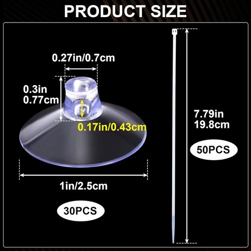 ANCIRS 30pcs Suction Cups - 25mm Rubber Holders with 50 Transparent Zip Ties for Home & Aquarium Decor