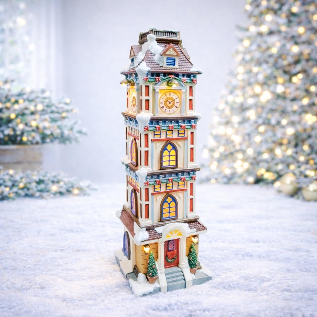 Moments In Time Lighted Christmas Clock Tower - 14.5” Hand-Painted Polyresin Holiday Décor