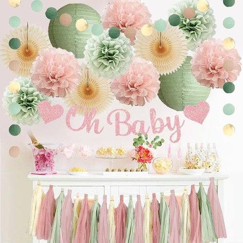 Sage Green and Blush Pink Baby Shower Decorations Oh Baby Shower Decorations for Girl Dusty Rose and Sage Green Beige Boho Pastel Dusty Pink Party Decorations with Cream Tassel Garland
