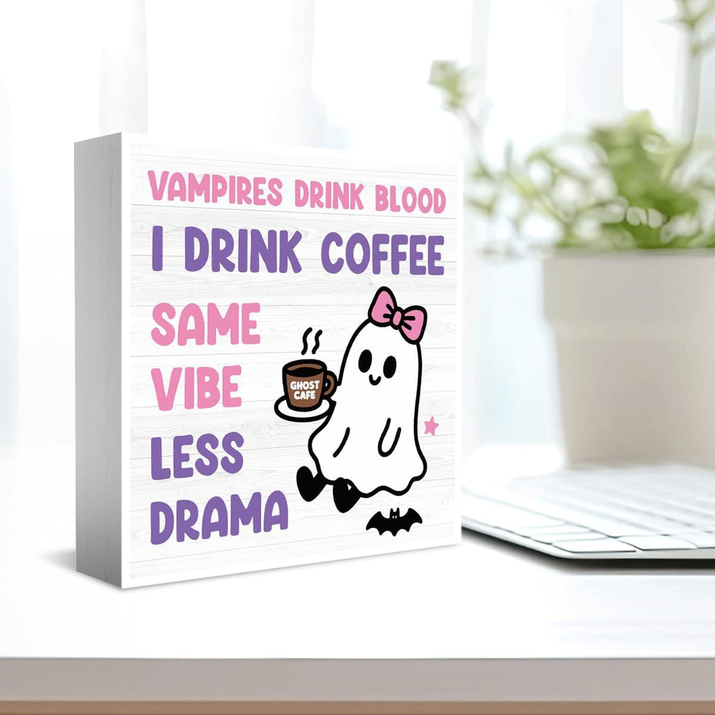 Skiennix Halloween Office Decor - Cute Ghost Coffee Bar Sign for Home & Bedroom | 5x5 Inches