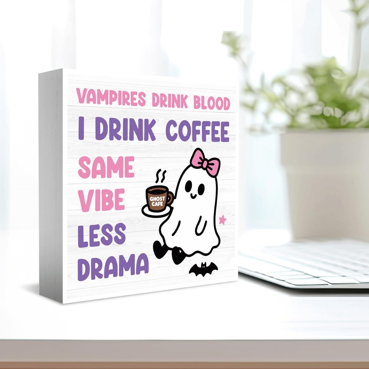 Skiennix Halloween Office Decor - Cute Ghost Coffee Bar Sign for Home & Bedroom | 5x5 Inches