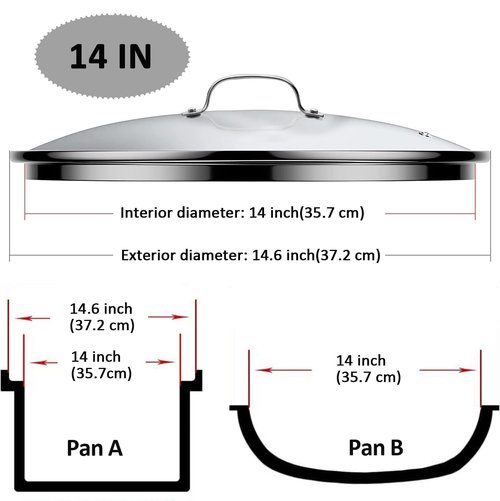 14 Inch Glass Lid For Pots, Pans and Skillets, Clear Glass Lid Replacement with Steam Vent, Stainless Steel Covers For large Frying Pan, Stock Pot, Cast, Fits Pots With Inner dia. 14.1-14.5 Inches