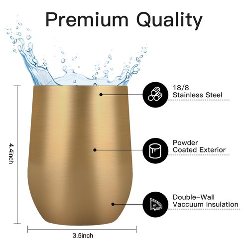 Lifecapido 8 Pack 12oz Stainless Steel Wine Tumblers, Insulated Wine Tumbler, Double Wall Insulated Wine Glass, Stainless Steel Stemless Wine Cups with Lids for Coffee, Wine, Champaign, Gold