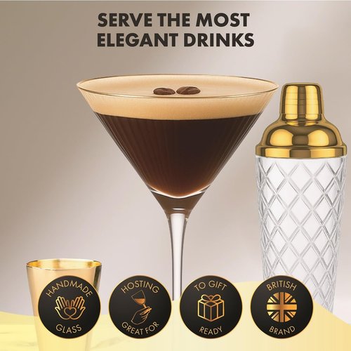 VEMACITY - Luxury Cocktail Shaker Set - Gold Glass Cocktail Shaker with Built-In Strainer + 2 Ribbed Espresso Martini Glasses with Gold Rims, Bar Spoon & Jigger | Ideal for Home Mixology
