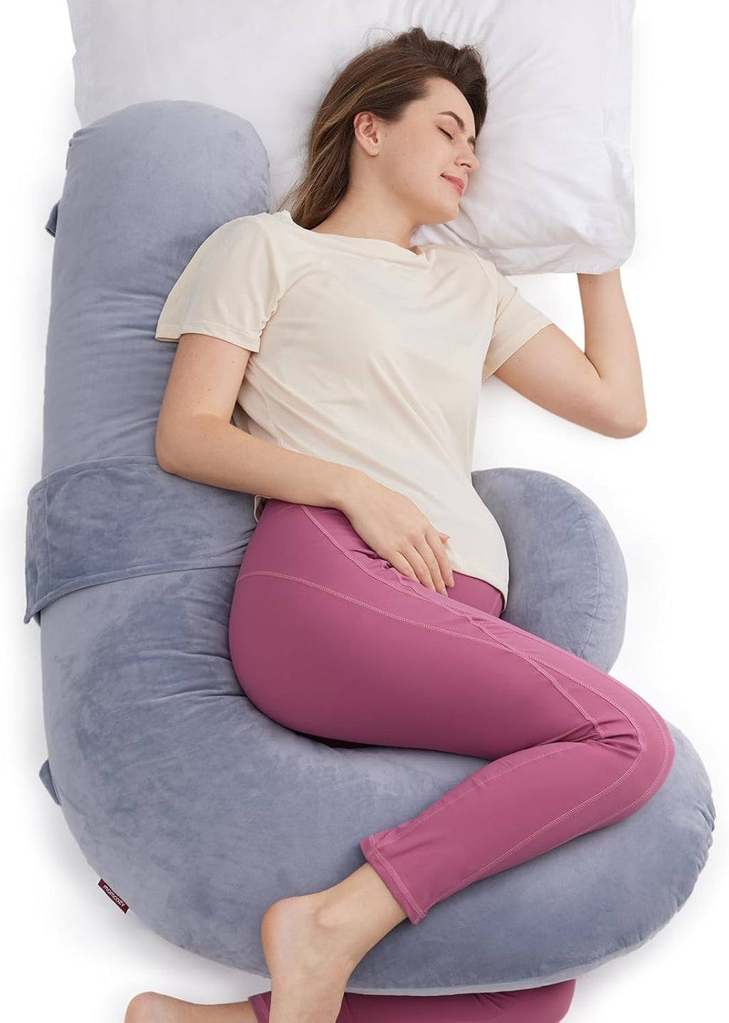 Momcozy Pregnancy Pillow - Original F Shaped Maternity Pillow with Adjustable Wedge - Full Body Support, Grey Velvet Cover