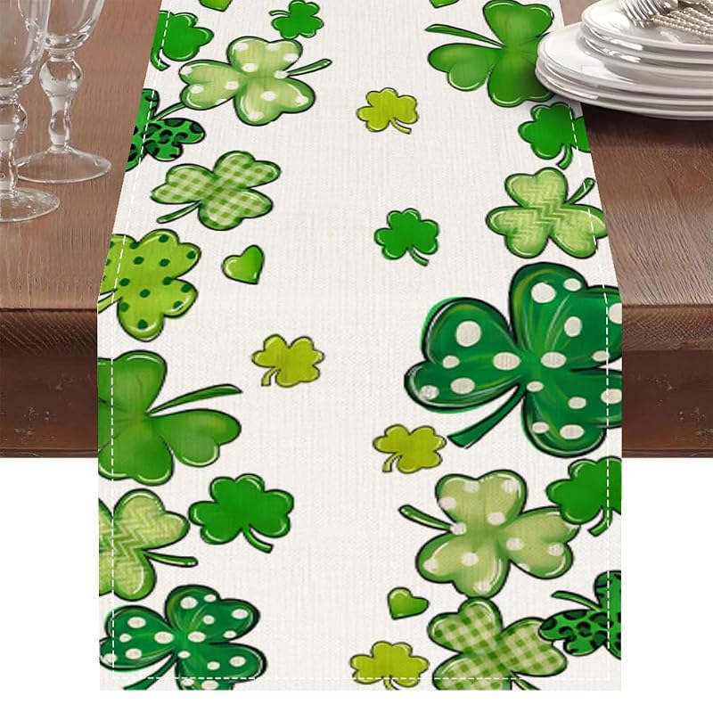 St. Patrick's Day Table Runner - 72x13 Inch Shamrock Linen Decor