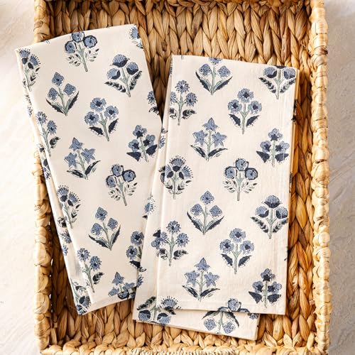 YZJZEDS Dusty Blue Block Print Floral Flour Sack Kitchen Towels Set of 2