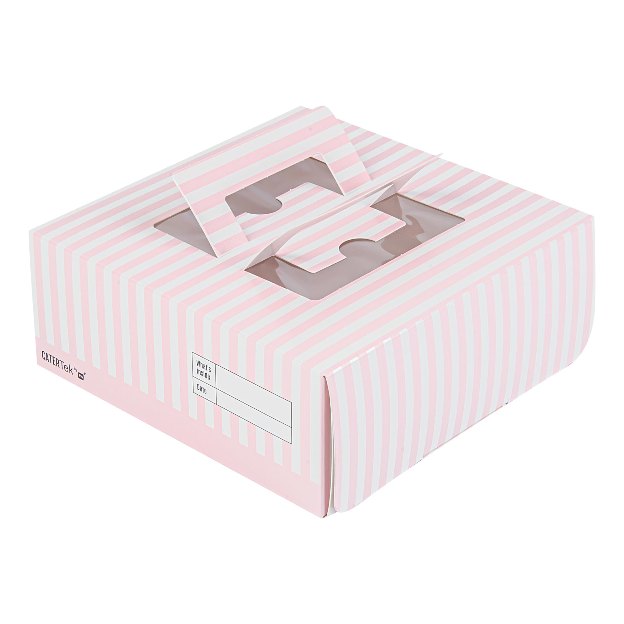 Restaurantware Cater Tek 9 x 9 x 3.5 Inch Cake Boxes 50 Disposable Lunch Boxes - Display Window Pop-Up Handles Pink and White Paper Pastry Boxes Grease Impermeable Shipped Flat