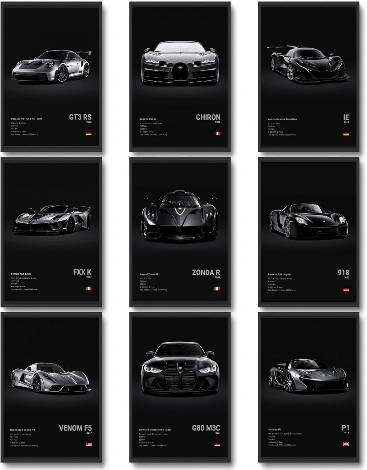CSLGQGV Vintage Racing Car Canvas Prints - Supercar Wall Art for Men's Room Decor | Unframed 8x10 Inch, 9 Pieces