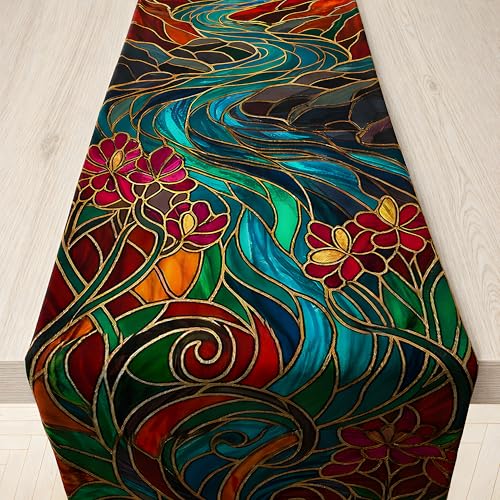 OHOME Fall Flower Stained Glass Table Runner - 73x13.8in Autumn Decor