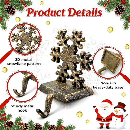 2 Pcs Snowflake Christmas Stocking Holders for Mantel - Rustic Cast Iron Hooks