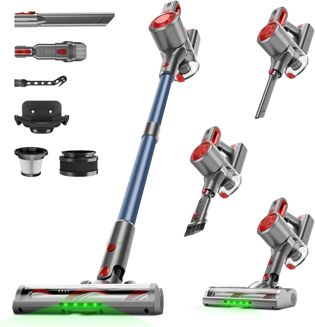 Skiennix Cordless Vacuum Cleaner - Powerful 6-in-1 Stick Vacuum with Anti-Tangle Brush & Removable Battery | Red