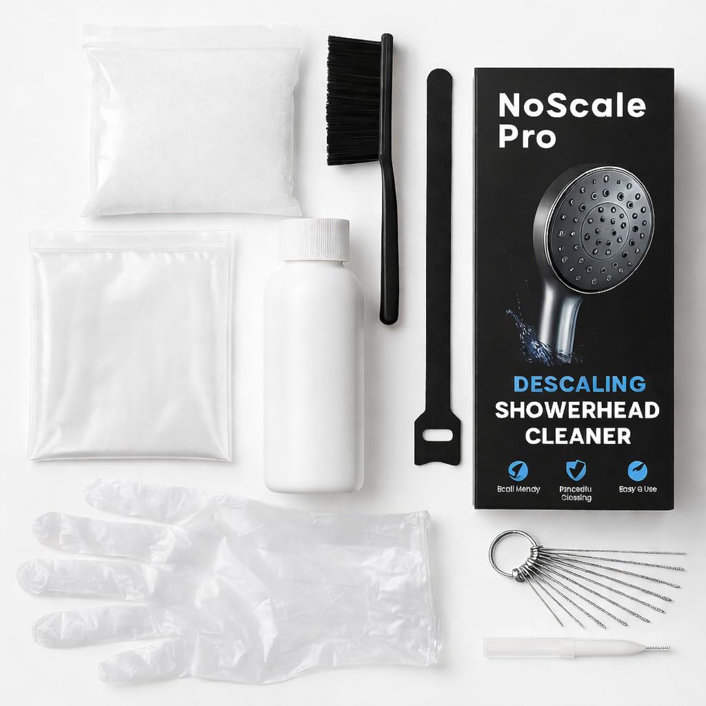 NoScale Pro Shower Head Descaling Kit – Cleaner for Shower Heads Only – Removes Limescale, Calcium & Hard Water Deposits – Eco-Friendly Vinegar & Citric Acid Formula with Tools – Made in USA