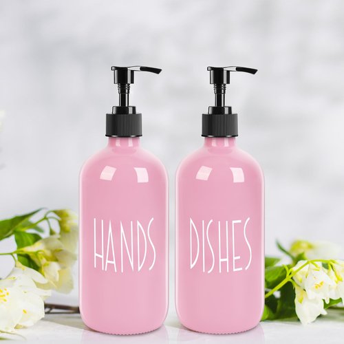 Glass Soap Dispenser with Plastic Pump for Kitchen - 16 OZ Glass Hand Soap Dispenser Set - Kitchen, Bathroom for Decor and Accessories (Pink)