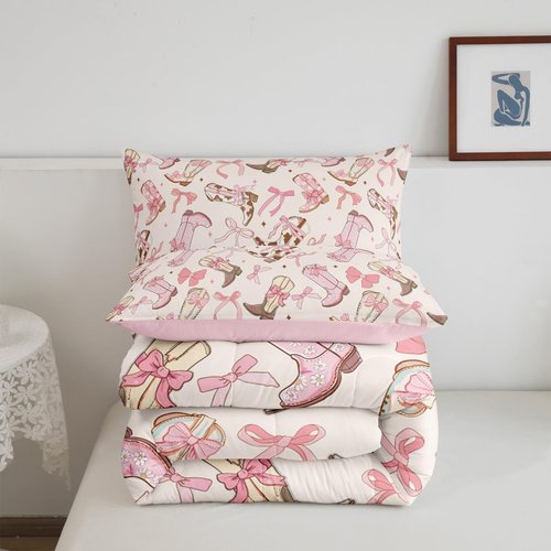 Feelyou Pink Bow Comforter Set Twin Size Kids Cute Bowknot Comforter for Boys Teens Girls Bow Bedding Set Breathable Western Boots Duvet Set Room Decor Bow Quilt Set
