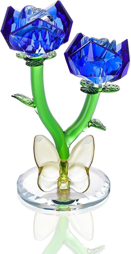 LONGWIN Crystal Blue Rose Flower Figurine - Elegant Glass Spring Bouquet Home Decor Gift for Her