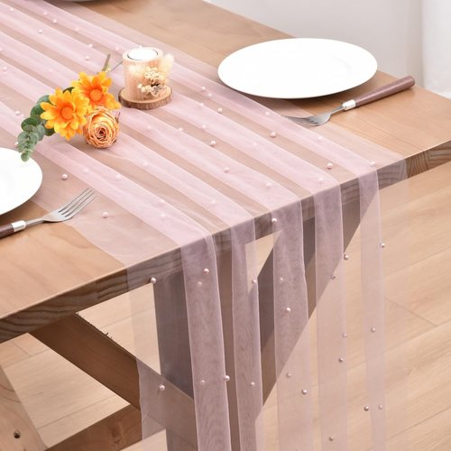Dlpafzy Blushing Pink Pearl Valentine's Day Table Runner Boho Rustic Tulle Lace Table Runner for Baby Shower Wedding Arch Decor Veil Dessert Table Decor