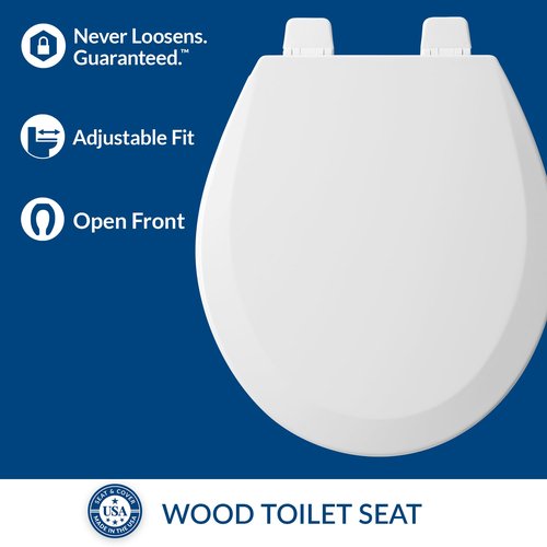 Bemis 550TTT Open Front Durable Wood Toilet Seat, Secure Hinges Stay Tight, Made in USA, Round, White