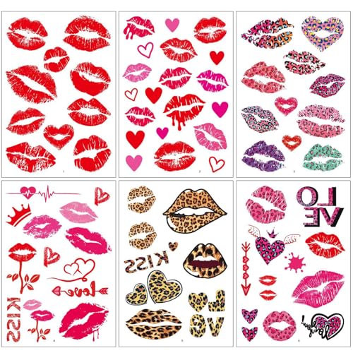 WIWUFUE Valentine's Day Temporary Tattoos 6 Sheets, Waterproof Romantic Hearts & Sexy Lips Body Art Stickers for Couples