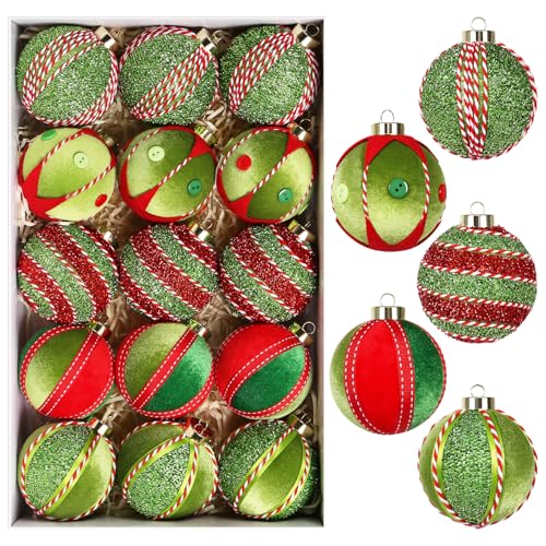 Christmas Ball Ornaments Set - Red and Green Velvet Decorations, 15PCS 80MM
