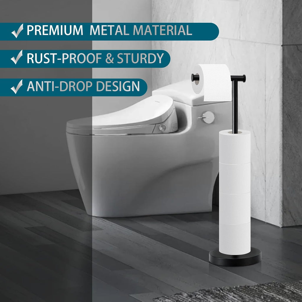 Skiennix Toilet Paper Holder - Free Standing Design with Stable Weighted Base | Rustproof Black Finish